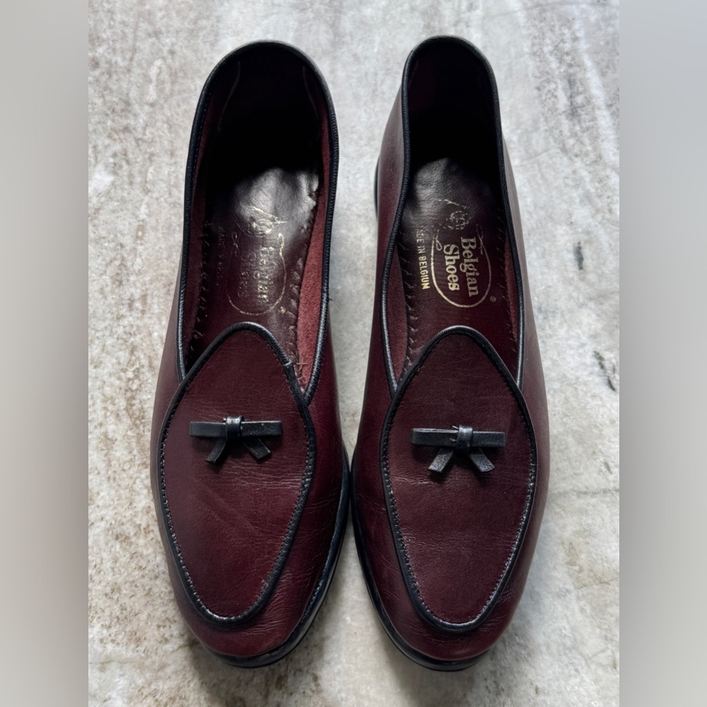 Belgian Shoes Midinette Slippers Burgundy Calfskin Leather  Loafers 4.5 Flats